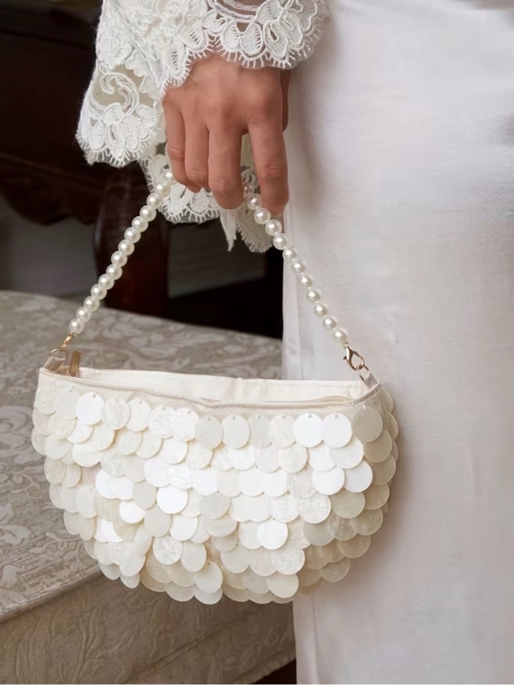 Pearl-Handle White Sequin Shoulder Bag